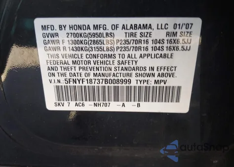 2007 Honda Pilot Ex-L из США, поврежденный, VIN 5FNYF18737B008999